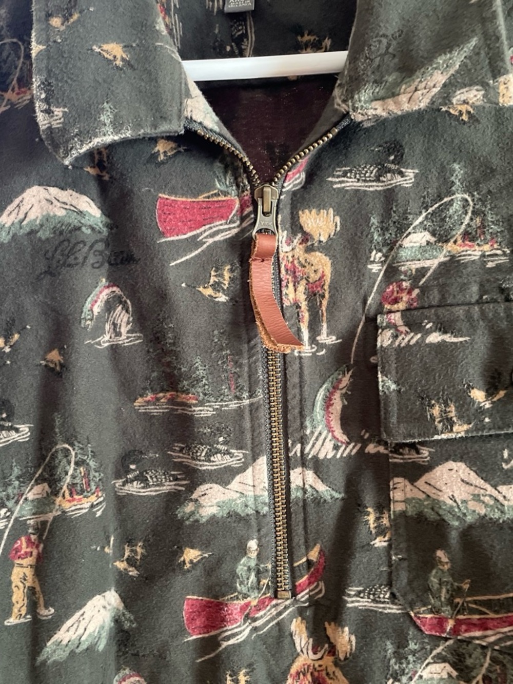 L.L. Bean Dark Green Outdoor Print Shirt Jacket with Red Canoes